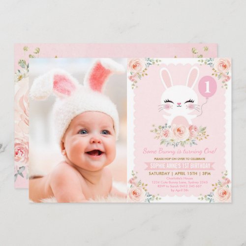 Blush Pink Floral Bunny Rabbit 1st Birthday Party Invitation