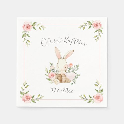 Blush Pink Floral Bunny Rabbit Baptism Napkins