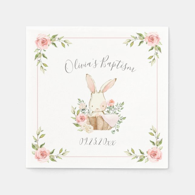 Blush Pink Floral Bunny Rabbit Baptism Napkins (Front)