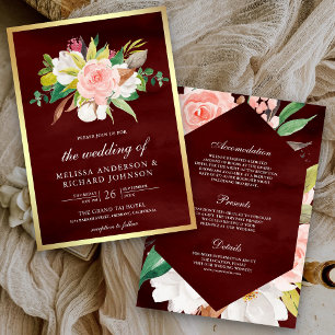 Blush Pink Floral Burgundy All in One Wedding Invitation