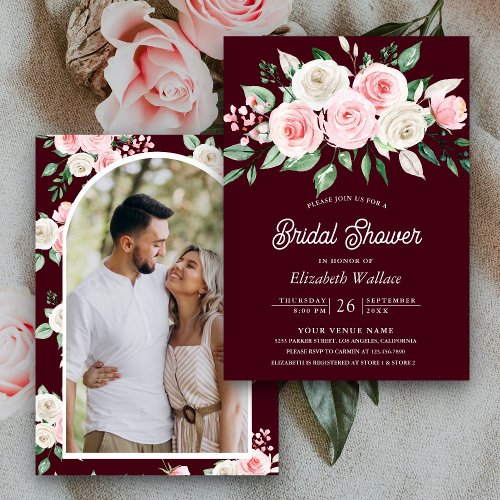 Blush Pink Floral Burgundy Photo Bridal Shower Invitation