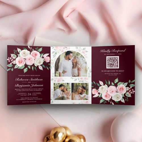 Blush Pink Floral Burgundy QR Code Wedding Tri_Fold Invitation
