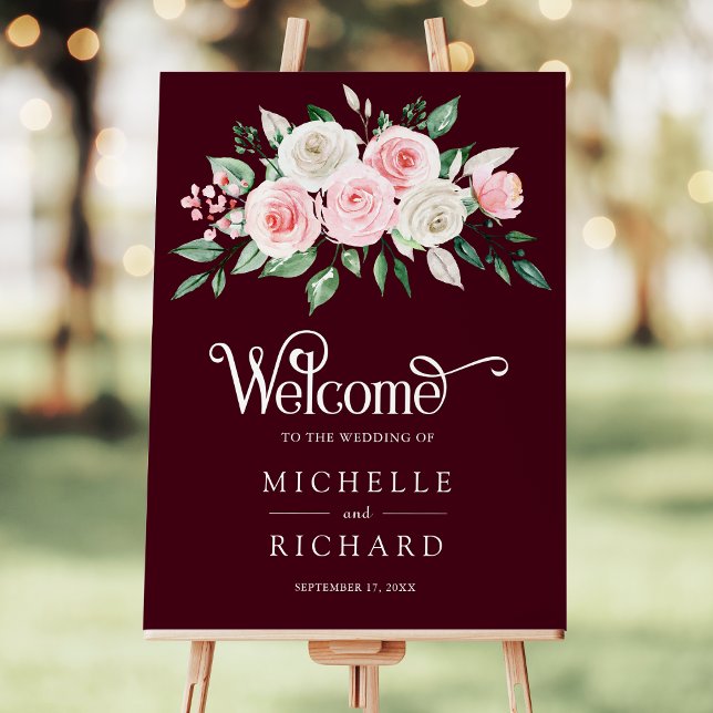 Blush Pink Floral Burgundy Wedding Welcome Sign (Creator Uploaded)