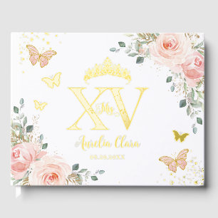 Blush Pink Floral Butterflies Gold Quinceañera Foil Guest Book