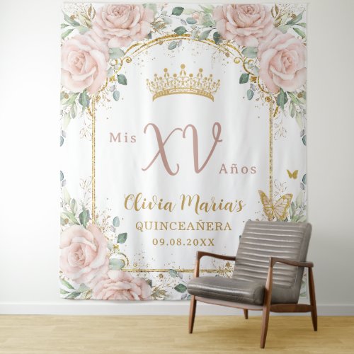 Blush Pink Floral Butterflies Gold Quinceaera Tapestry