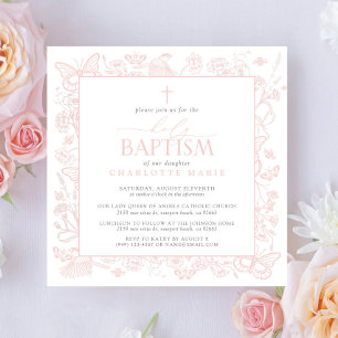 Blush Pink Floral Butterflies Holy Baptism Cross Invitation