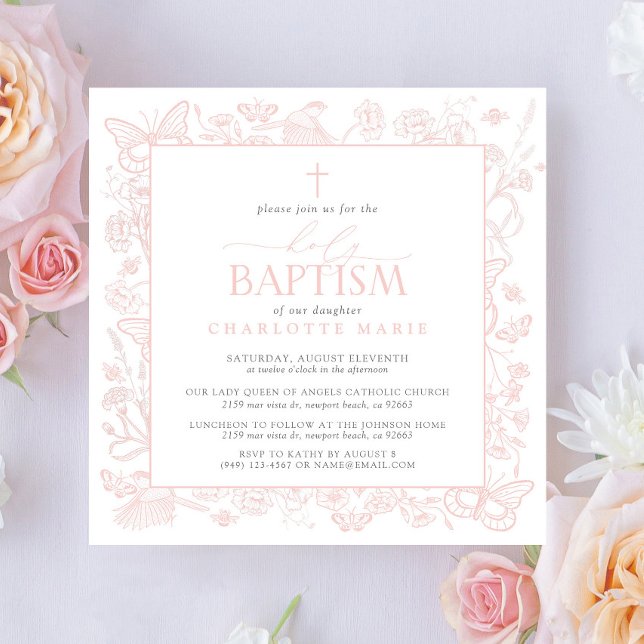 Blush Pink Floral Butterflies Holy Baptism Cross Invitation (Holy Baptism Invitation)