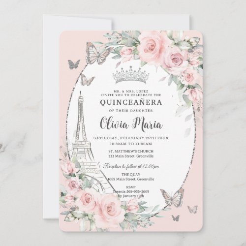 Blush Pink Floral Butterflies Paris Quinceaera Invitation