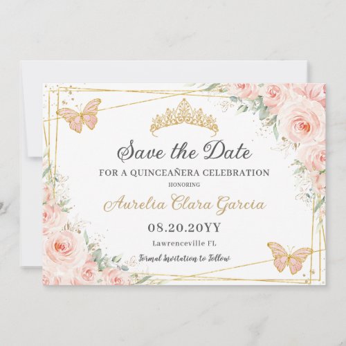 Blush Pink Floral Butterflies Quinceaera Sweet 16 Save The Date