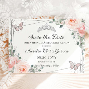 Blush Pink Floral Butterflies Quinceañera Sweet 16 Save The Date