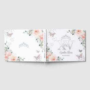 Blush Pink Floral Butterflies Silver Quinceañera Foil Guest Book