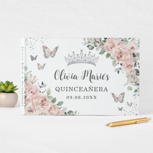 Blush Pink Floral Butterflies Silver Quinceaera Guest Book