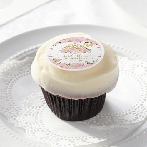 Blush Pink Floral Butterflies Tiara QUINCEAERA  Edible Frosting Rounds