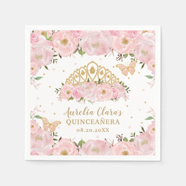 Blush Pink Floral Butterflies Tiara QUINCEAÑERA Napkins (Front)