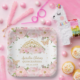 Blush Pink Floral Butterflies Tiara QUINCEAÑERA P Paper Plates