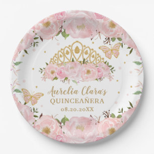 Blush Pink Floral Butterflies Tiara QUINCEAÑERA Paper Plates