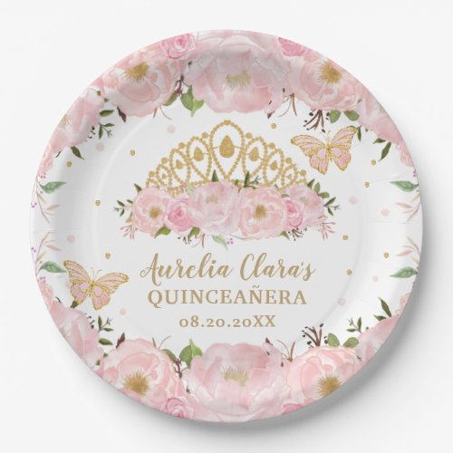Blush Pink Floral Butterflies Tiara QUINCEAERA  Paper Plates