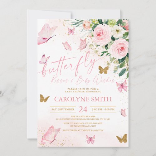 Blush Pink Floral Butterfly Kisses Baby Shower Invitation