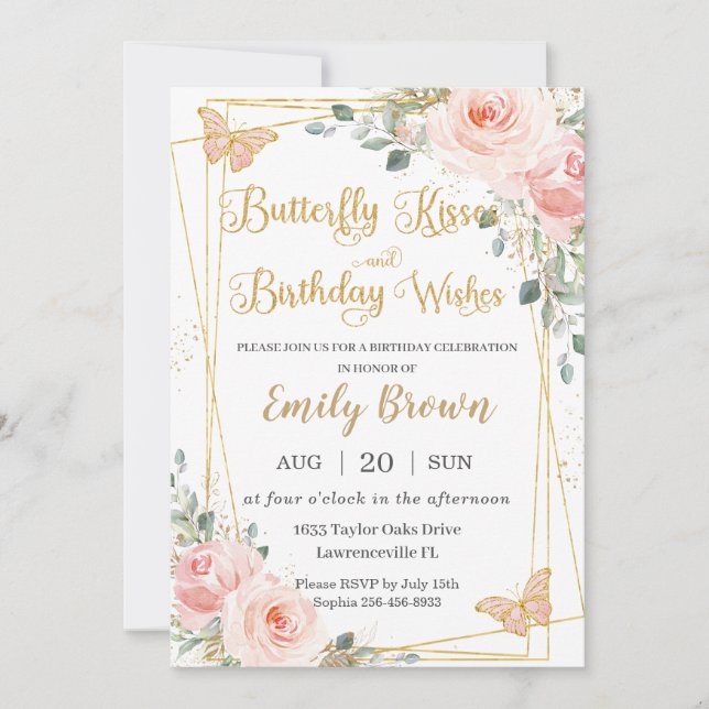 Blush Pink Floral Butterfly Kisses Birthday Wishes Invitation (Front)