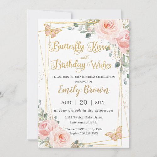 Blush Pink Floral Butterfly Kisses Birthday Wishes Invitation