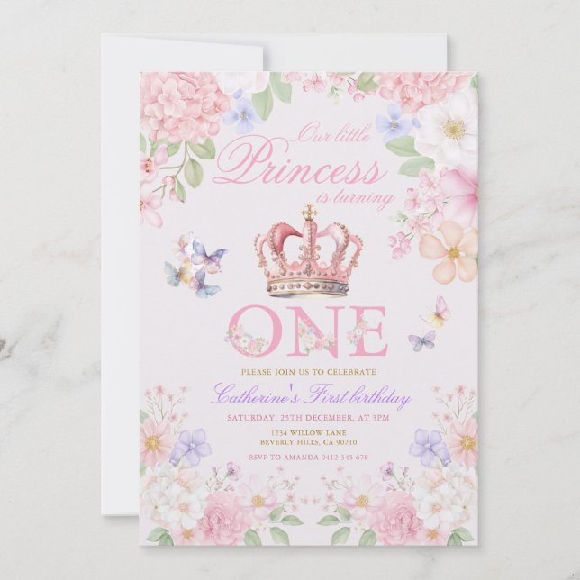  Blush Pink Floral Butterfly Princess 1st Birthday Invitation (Front)