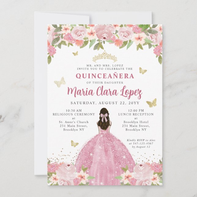 Blush Pink Floral Butterfly Princess Quinceanera Invitation (Front)
