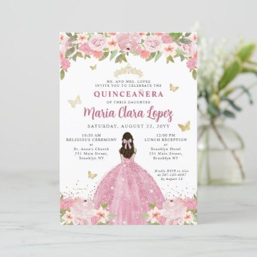 Blush Pink Floral Butterfly Princess Quinceanera Invitation | Zazzle