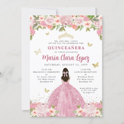 Blush Pink Floral Butterfly Princess Quinceanera Invitation