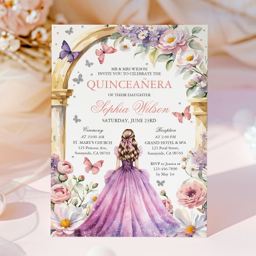 Blush Pink Floral Butterfly Quinceanera Invitation