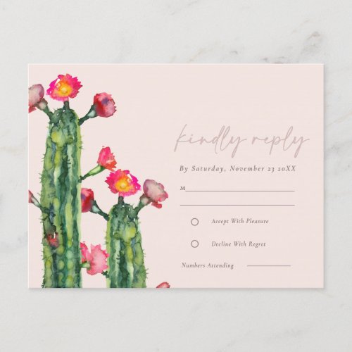 Blush Pink Floral Cacti Foliage Watercolor RSVP Postcard