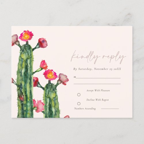 Blush Pink Floral Cacti Foliage Watercolor RSVP Postcard