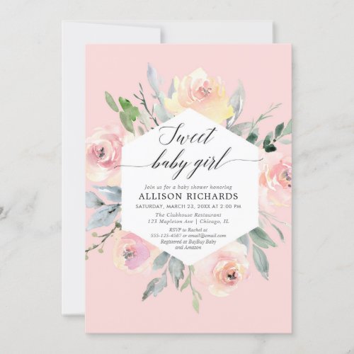 Blush pink floral calligraphy girl baby shower invitation
