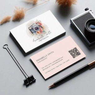 Blush Pink Floral Camera Photography Qr Code Business Card