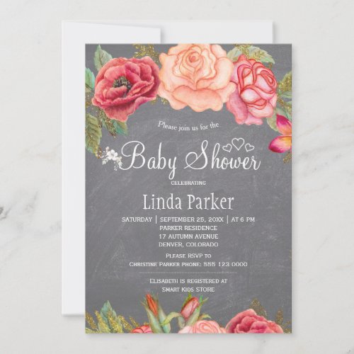 Blush pink floral chalkboard baby shower invitation