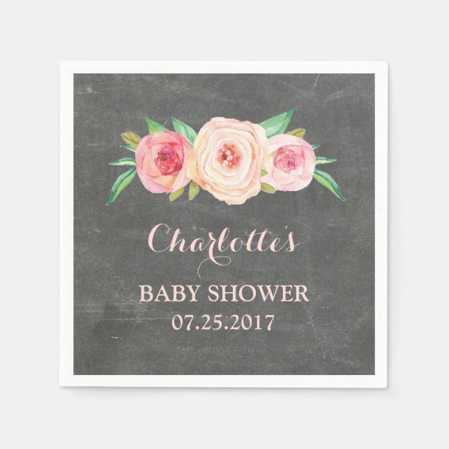 Blush Pink Floral Chalkboard Baby Shower Napkins (Front)