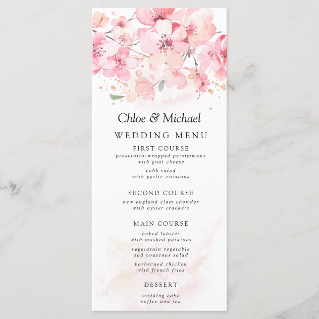 Blush Pink Floral Cherry Blossom Wedding Menu (Front)