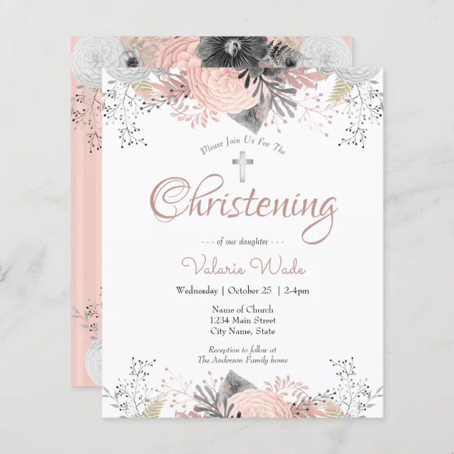 Blush Pink Floral Christening Budget Invitations | Zazzle