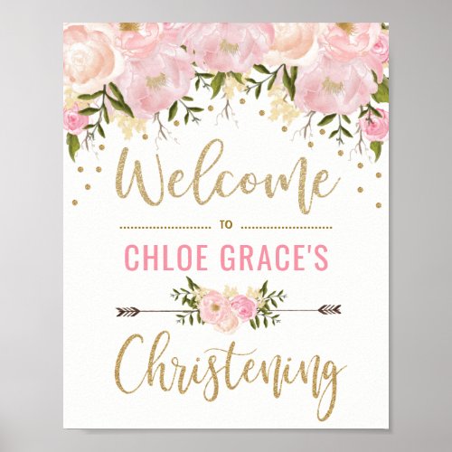 Blush Pink Floral Christening Welcome Sign Decor