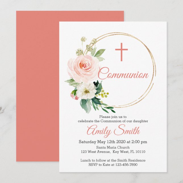 Blush Pink Floral Communion Invitation (Front/Back)