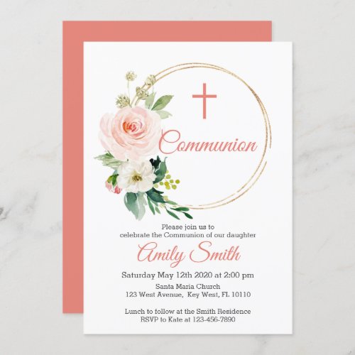 Blush Pink Floral Communion Invitation