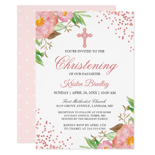 Blush Pink Floral Confetti Christening Baptism Invitation