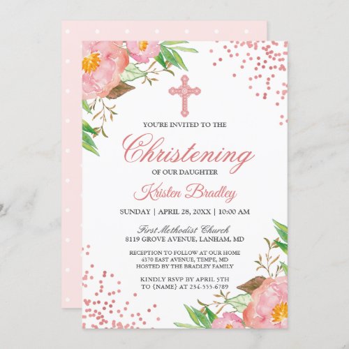 Blush Pink Floral Confetti Christening Baptism Invitation