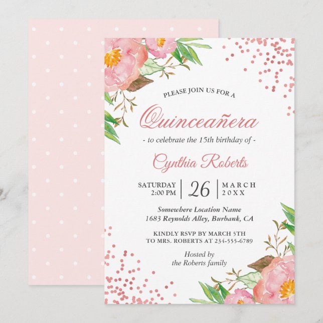 Blush Pink Floral Confetti Quinceañera Birthday Invitation (Front/Back)