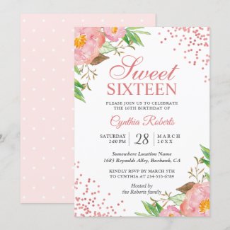 Blush Pink Floral Confetti Sweet 16 Birthday Party Invitation