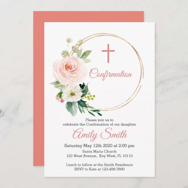 Blush Pink Floral Confirmation Invitation (Front/Back)