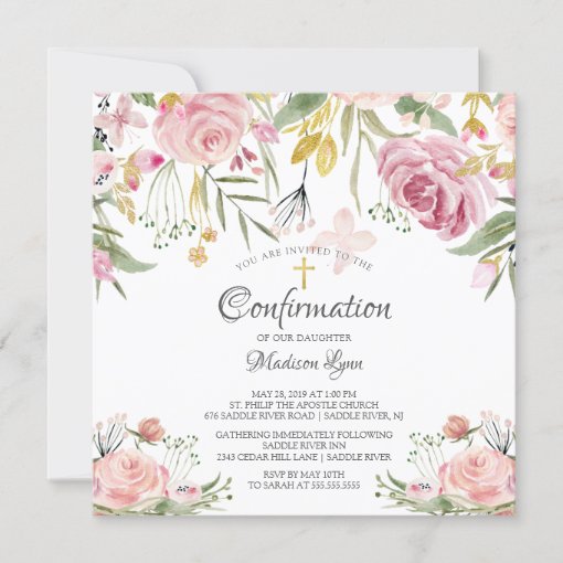 Blush Pink Floral Confirmation Invitation | Zazzle
