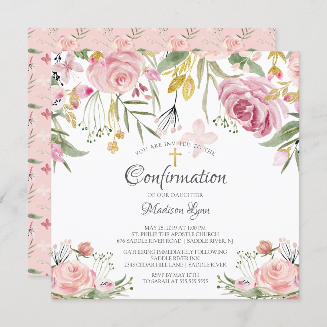 Blush Pink Floral Confirmation Invitation | Zazzle