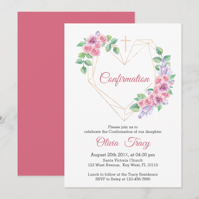 Blush Pink Floral Confirmation With Gold Heart Invitation (Front/Back)