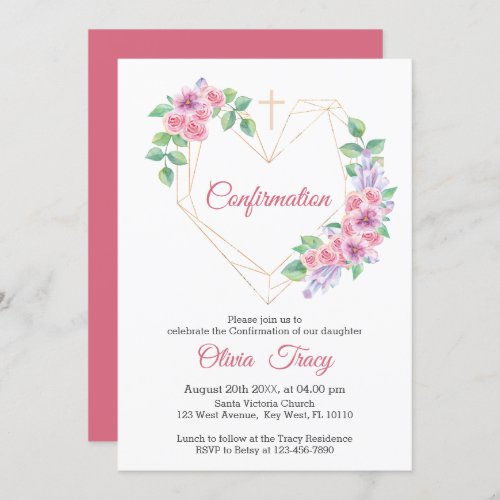 Blush Pink Floral Confirmation With Gold Heart Invitation