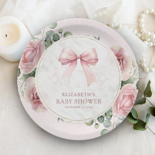 Blush Pink Floral Coquette Bow Baby Shower Paper Plates